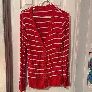 Striped Red Button-Front Women's Cardigan